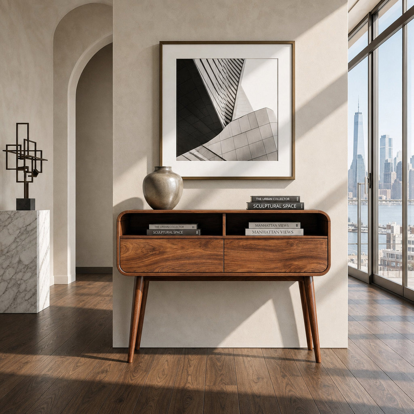 Mid Century Rounded Console Table With Two Compartments For Entryway - product view 6