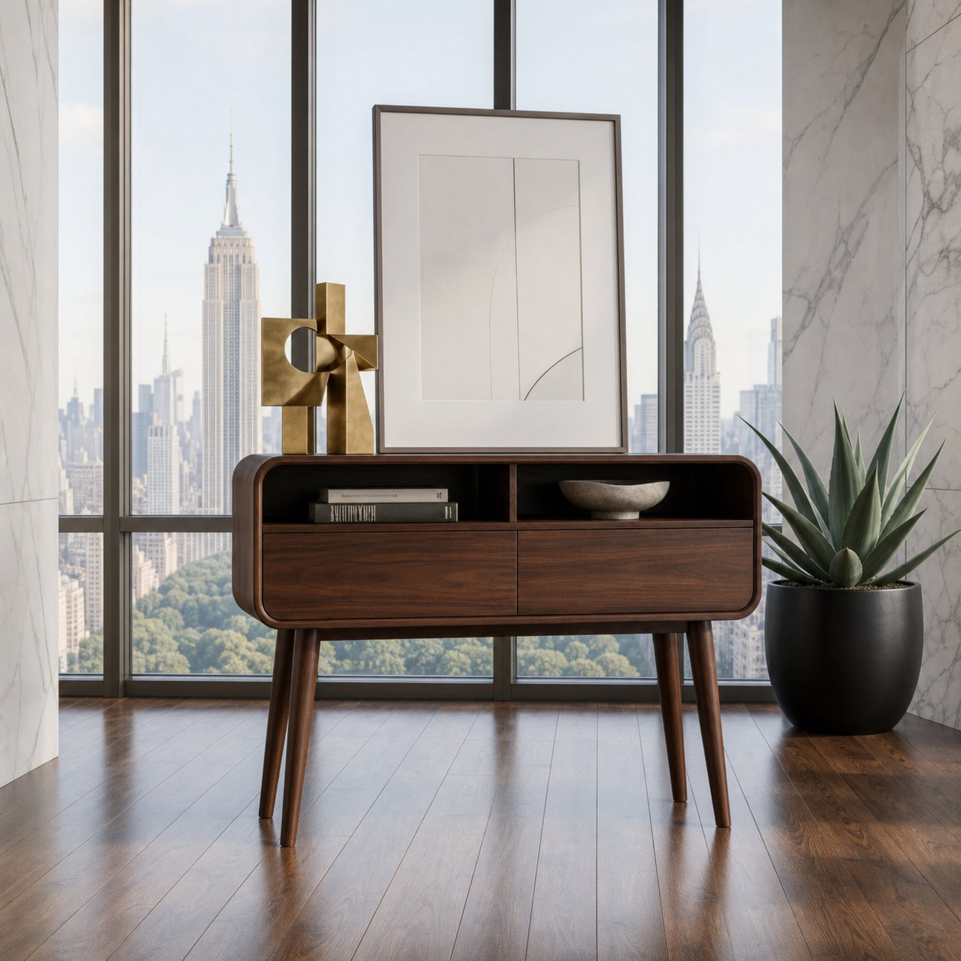 Mid Century Rounded Console Table With Two Compartments For Entryway - product view 7