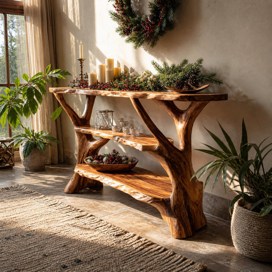 Mid Century Rustic Console Table Live Edge For Holiday Decoration
