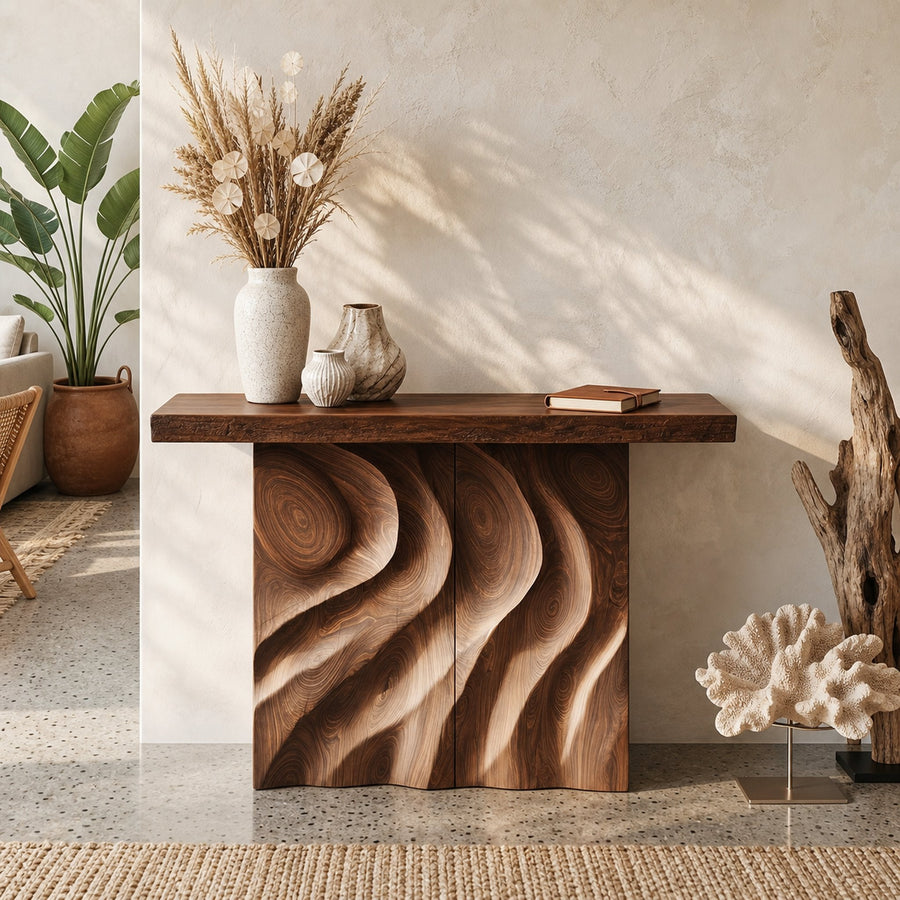 Mid Century Sculpted Base Console Table For Reception Area