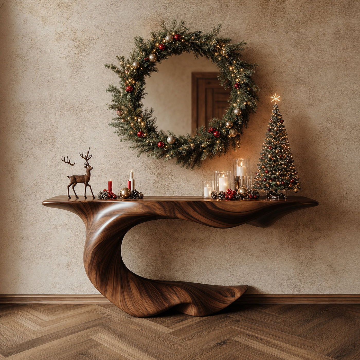 Mid Century Sculptural Console Table Christmas Decor