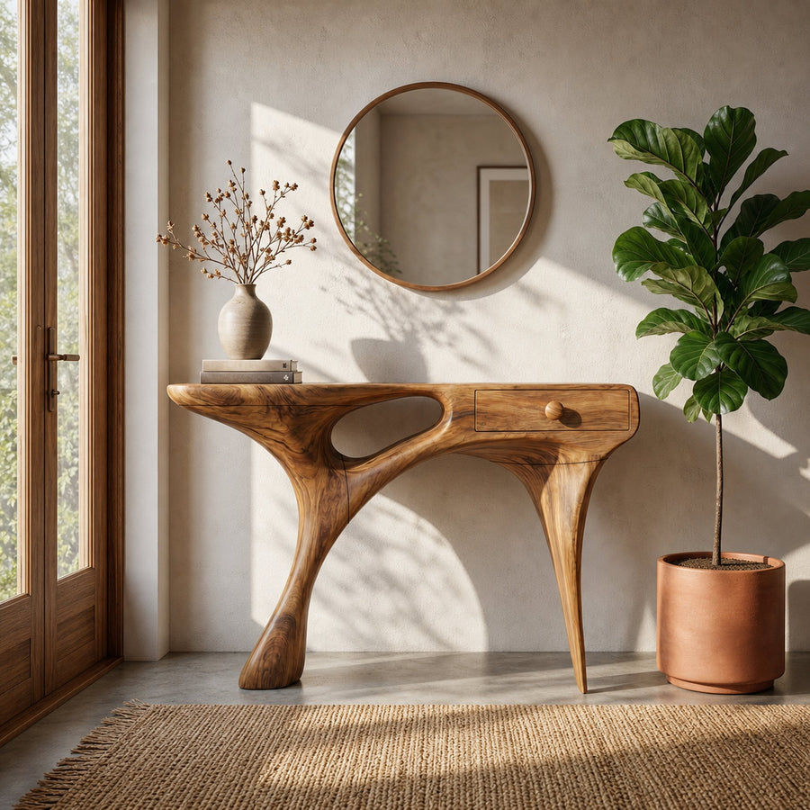 Mid Century Sculptural Console Table For Entryway And Living Room Space
