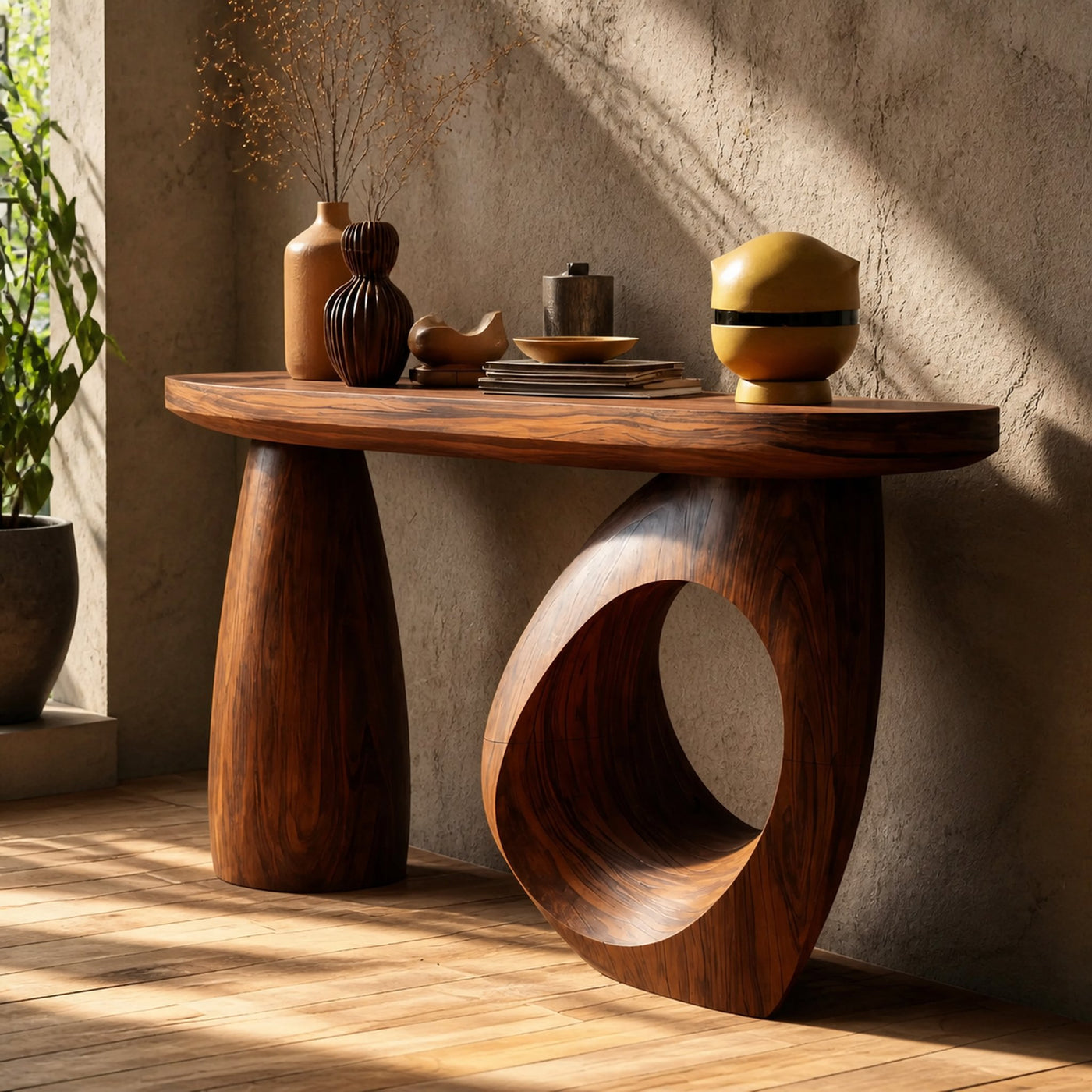 Mid Century Sculptural Live Edge Console Table For Luxury Entryway
