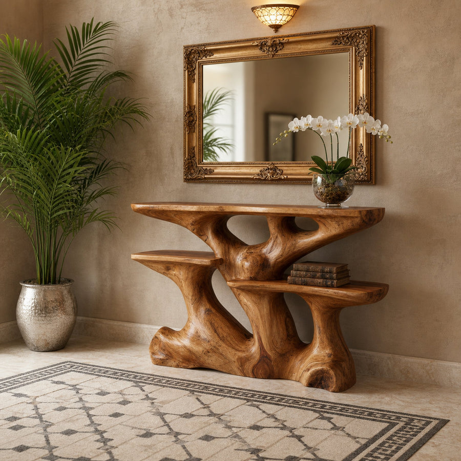 Mid Century Sculptural Wood Console Table Living Room