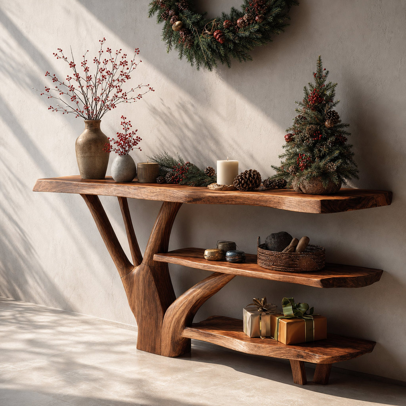 Mid Century Solid Wood Console Table For Holiday Living Room Xmas Decor