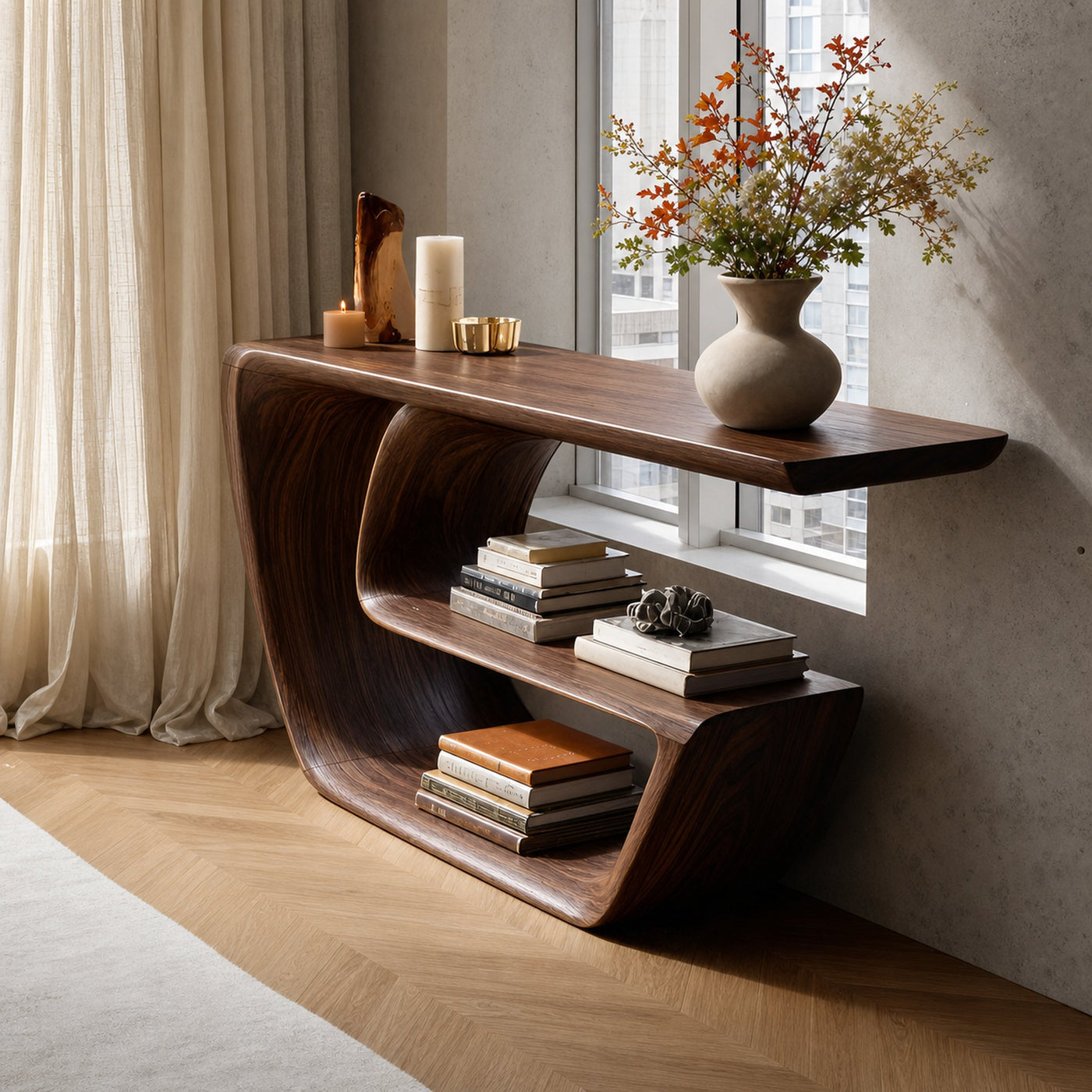 Mid Century Solid Wood Console Table Handmade Sculptural For Living Room