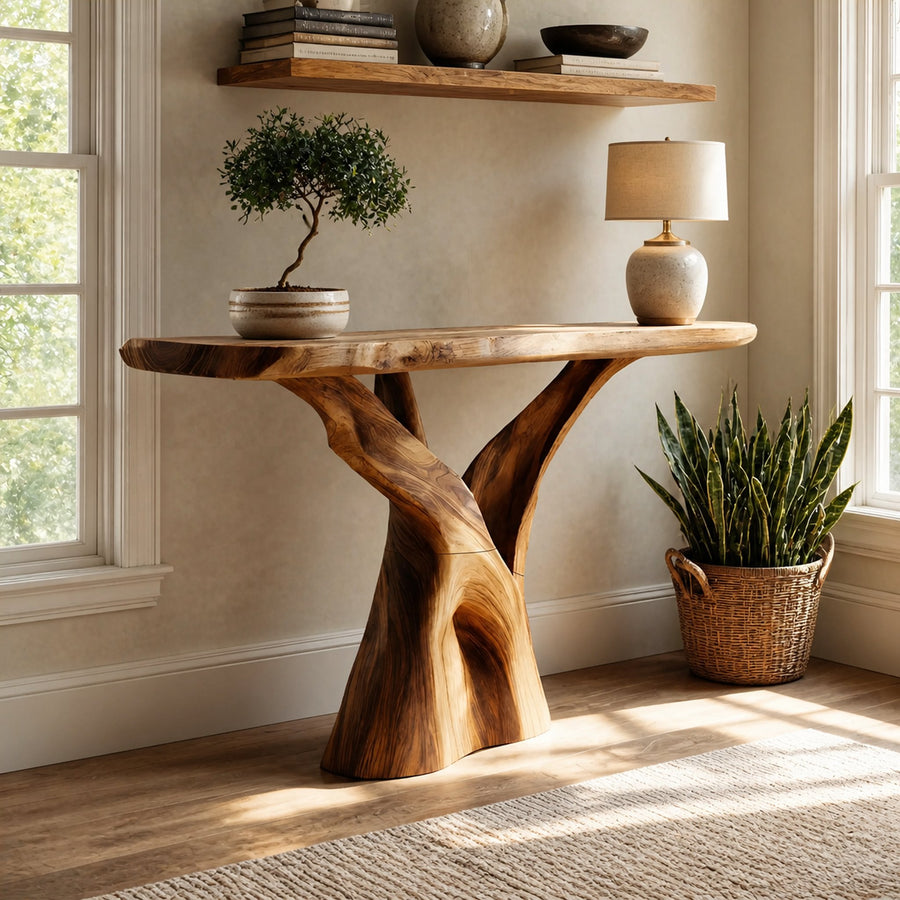 Mid Century Solid Wood Console Table Organic Form For Furniture Decor