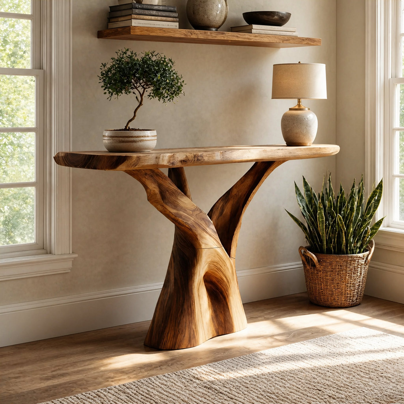 Mid Century Solid Wood Console Table Organic Form For Furniture Decor