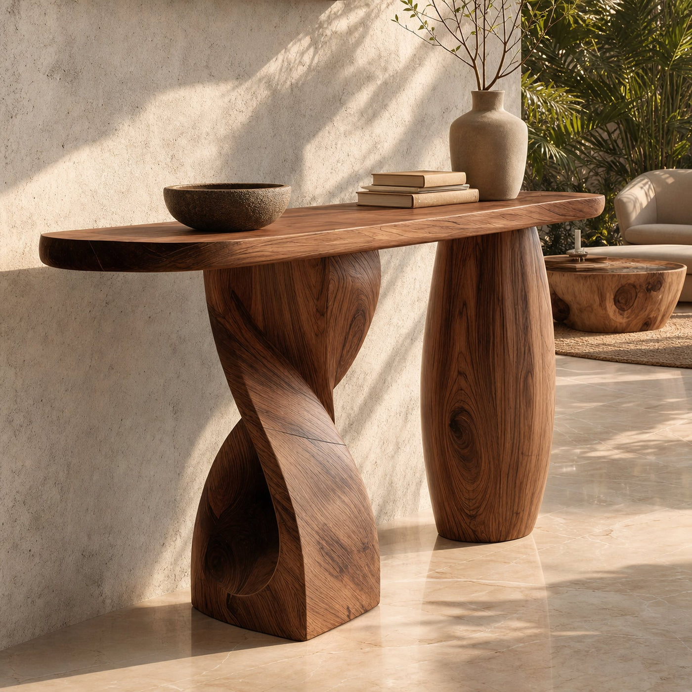 Mid Century Solid Wood Console Table Sculptural Form For Entryway Design
