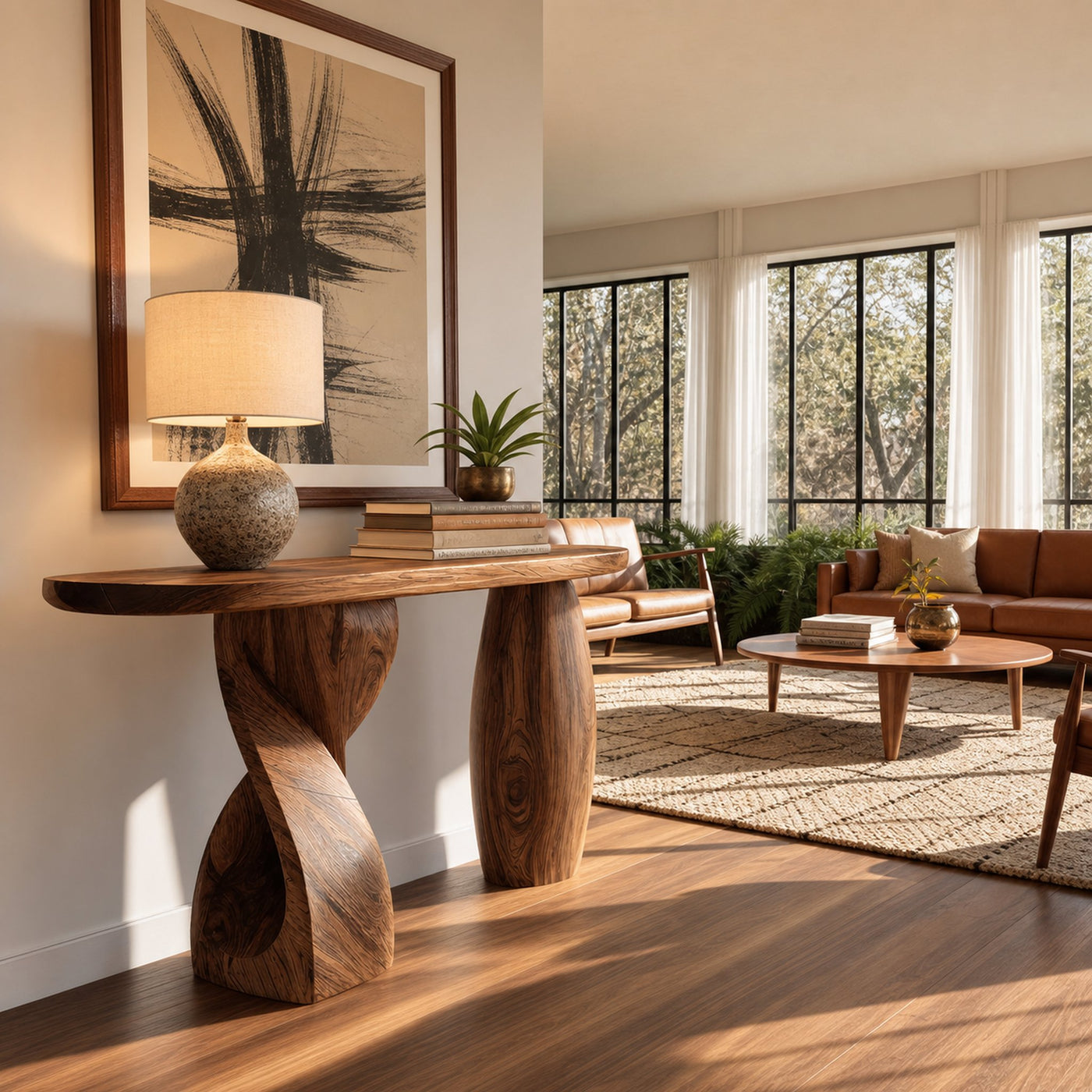 Mid Century Solid Wood Console Table Sculptural Form For Entryway Design - product view 3
