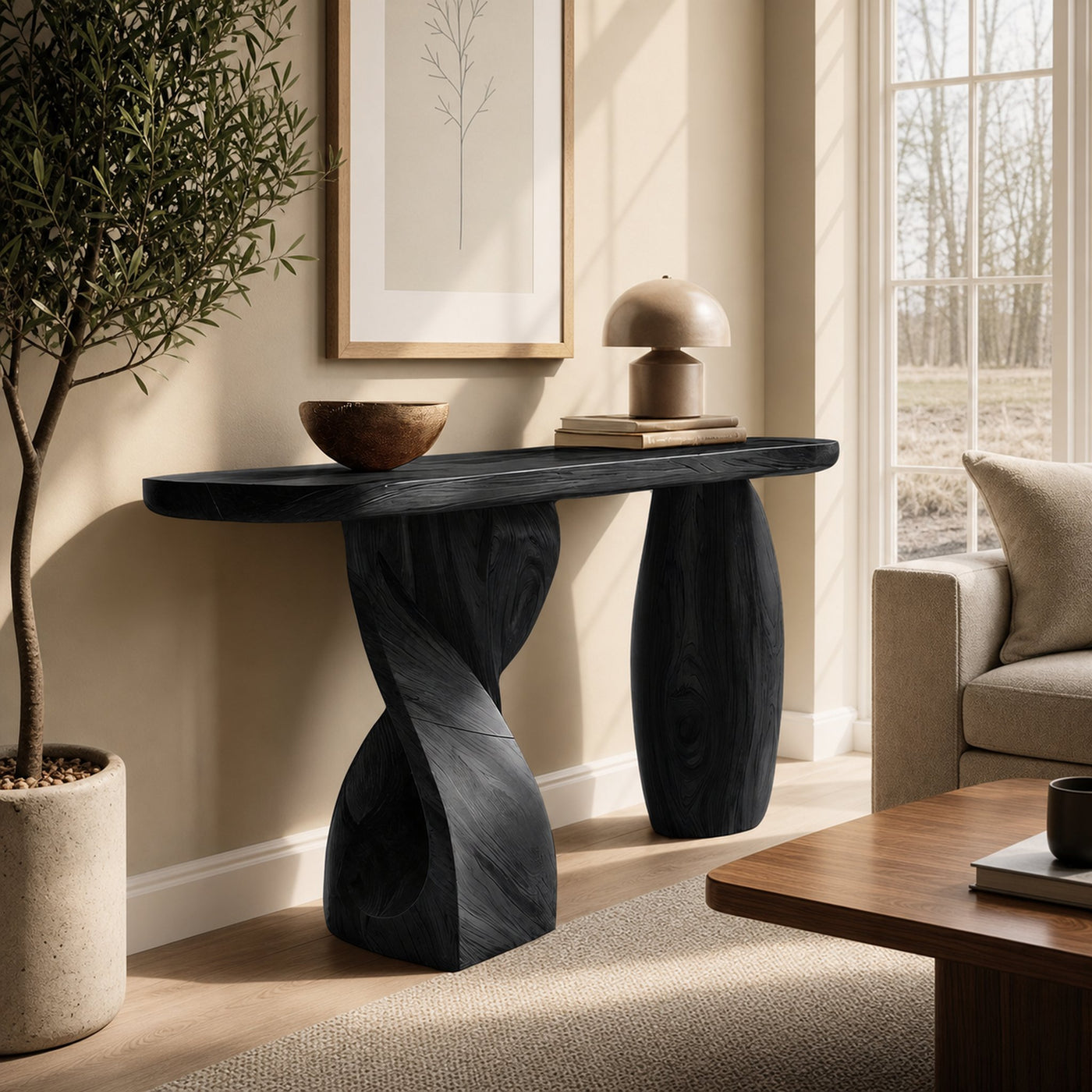 Mid Century Solid Wood Console Table Sculptural Form For Entryway Design - product view 4