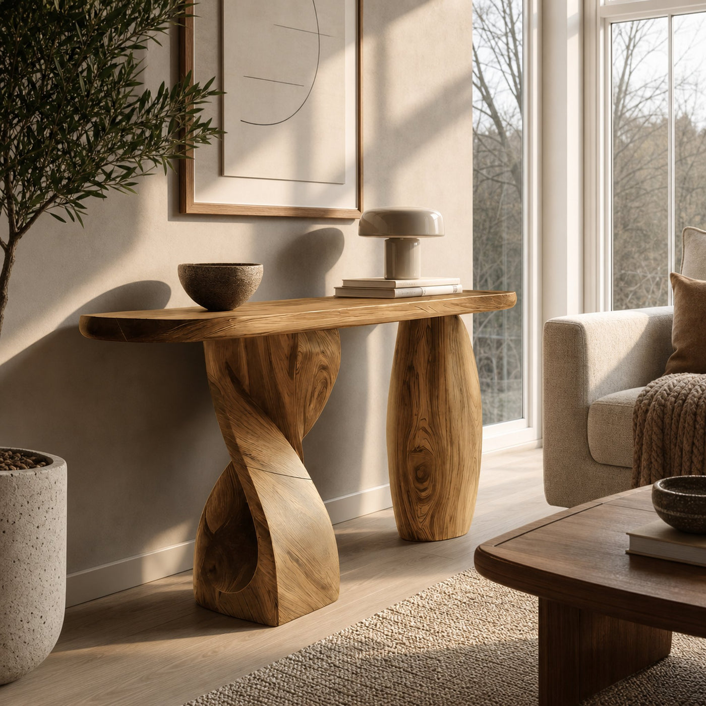 Mid Century Solid Wood Console Table Sculptural Form For Entryway Design - product view 5