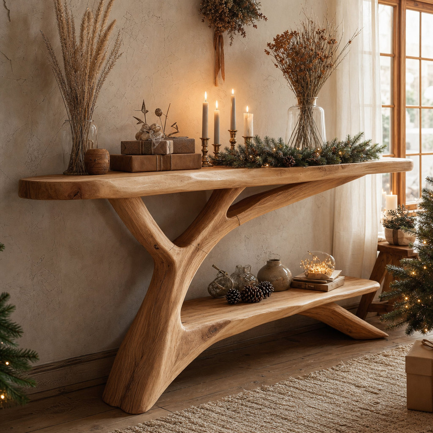 Mid Century Wooden Console Table For Christmas Entryway Decoration