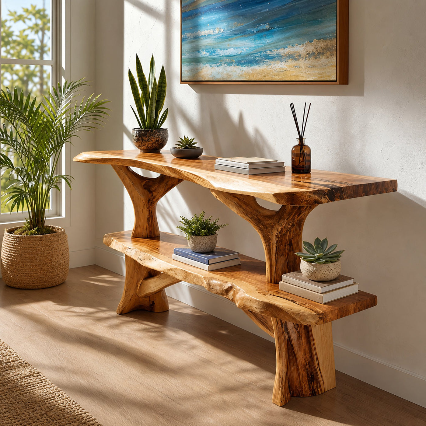Mid Century Wooden Live Edge Console Table For Apartment Living Room