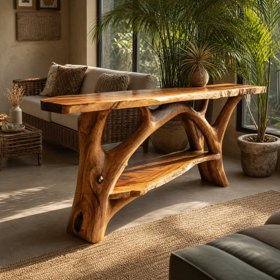Mid Century Wooden Live Edge Console Table For Entryway Design