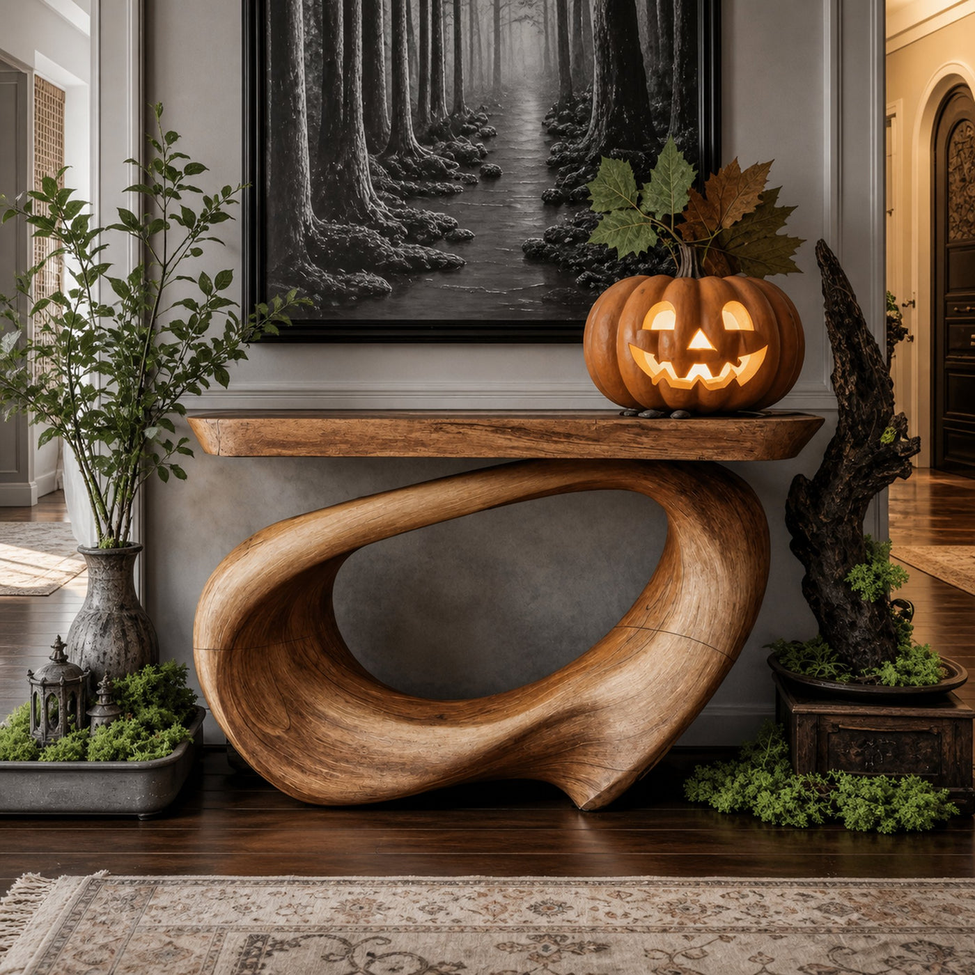 Mid Century Wooden Live Edge Console Table For Entryway Design Halloween Style