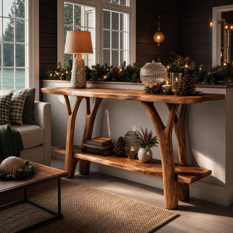 Mid Century Wooden Live Edge Console Table For Holiday Christmas Entryway