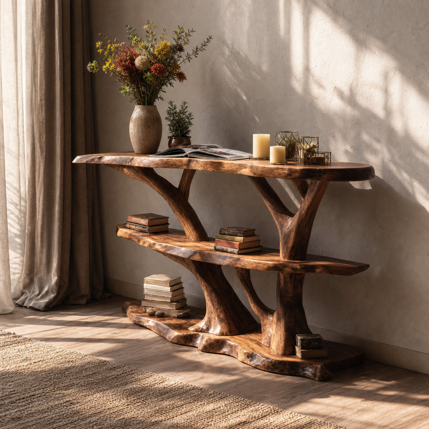 Mid Century Wooden Live Edge Console Table For Interior Entryway Design