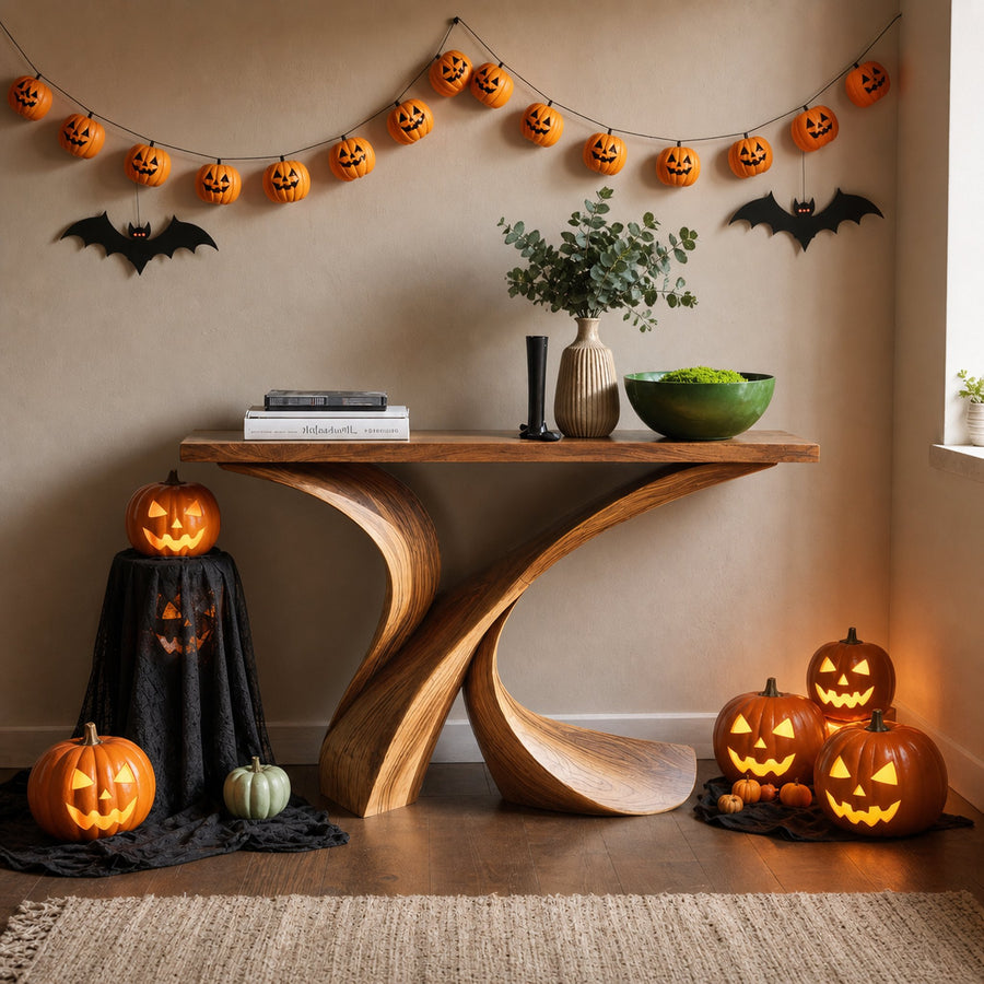 Mid Century Wooden Live Edge Console Table For Living Room Halloween Decor