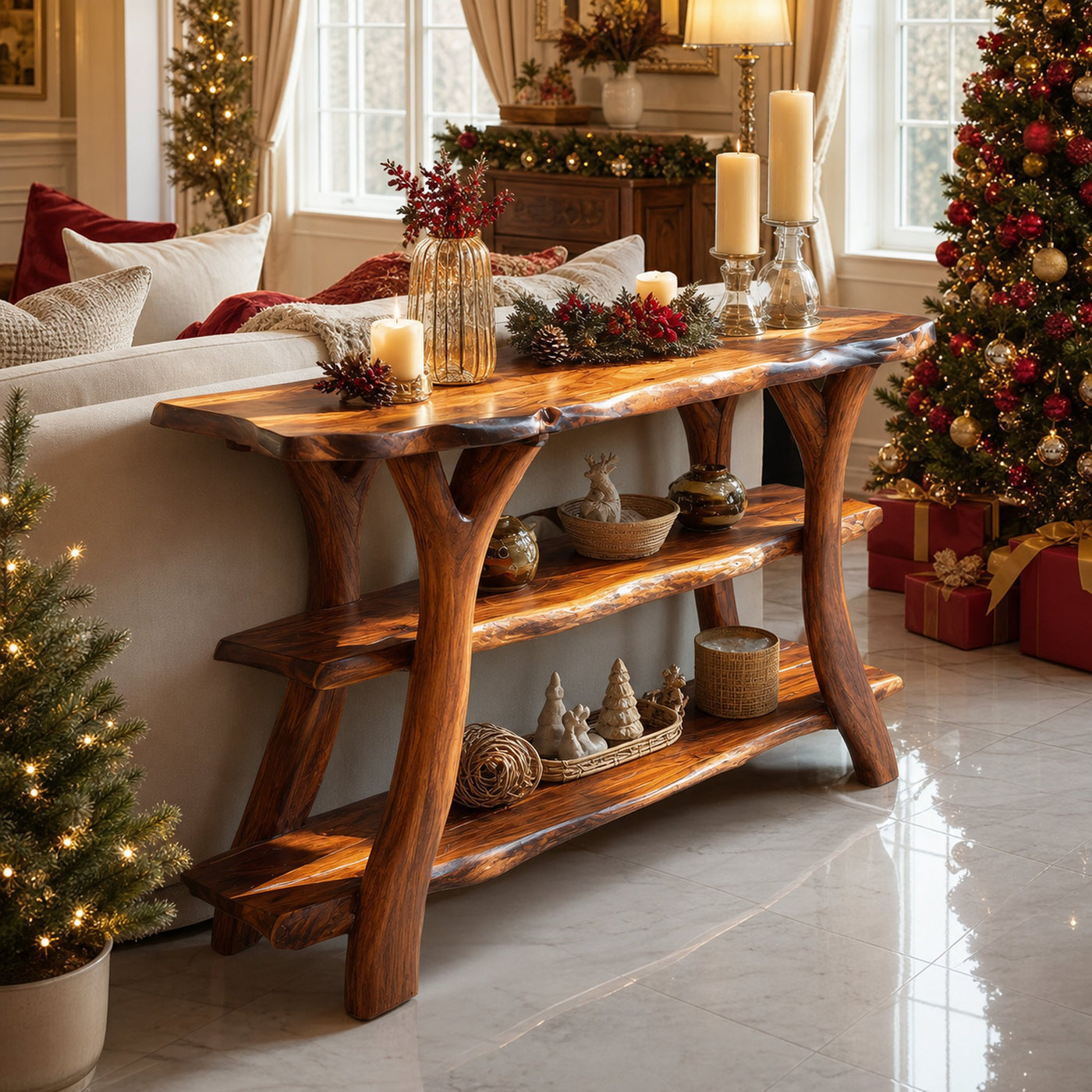 Mid Century Wooden Live Edge Console Table For Xmas Bedroom Holiday Decor