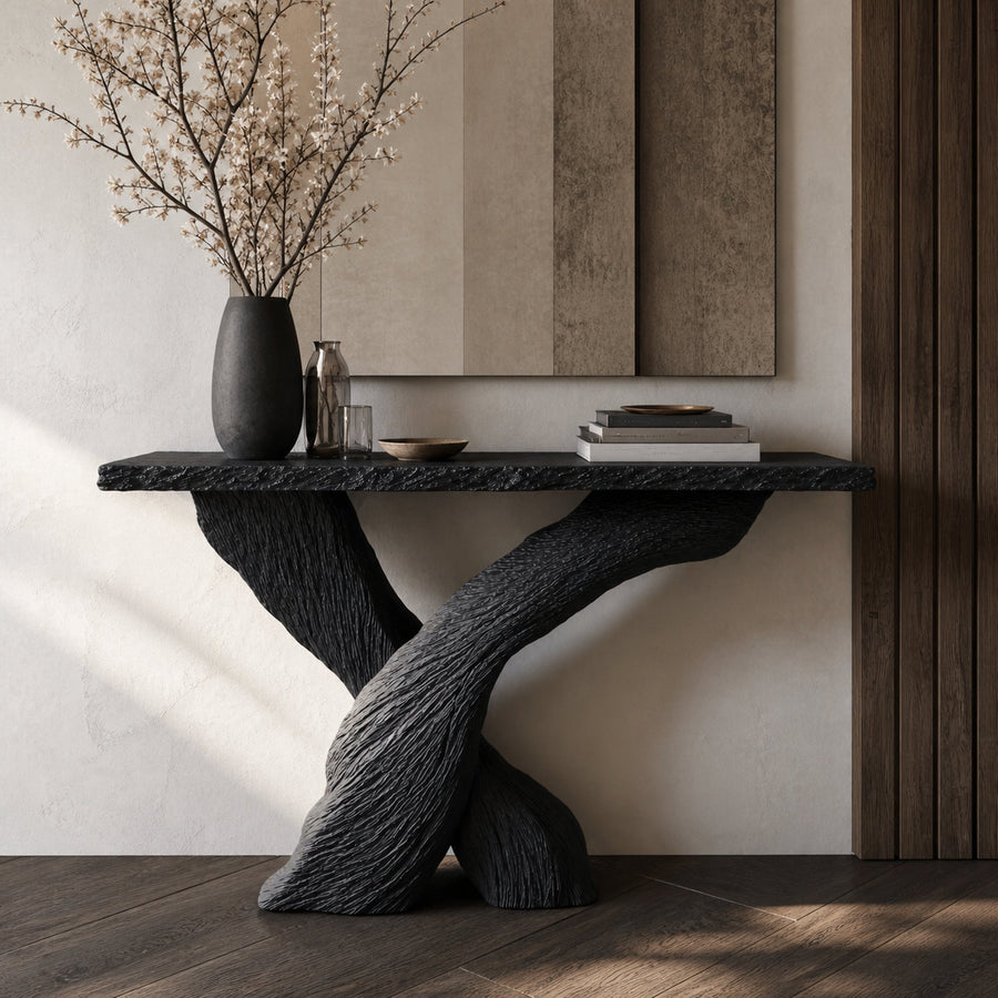 Mid-Century Modern Black Wood Console Table For Hallway