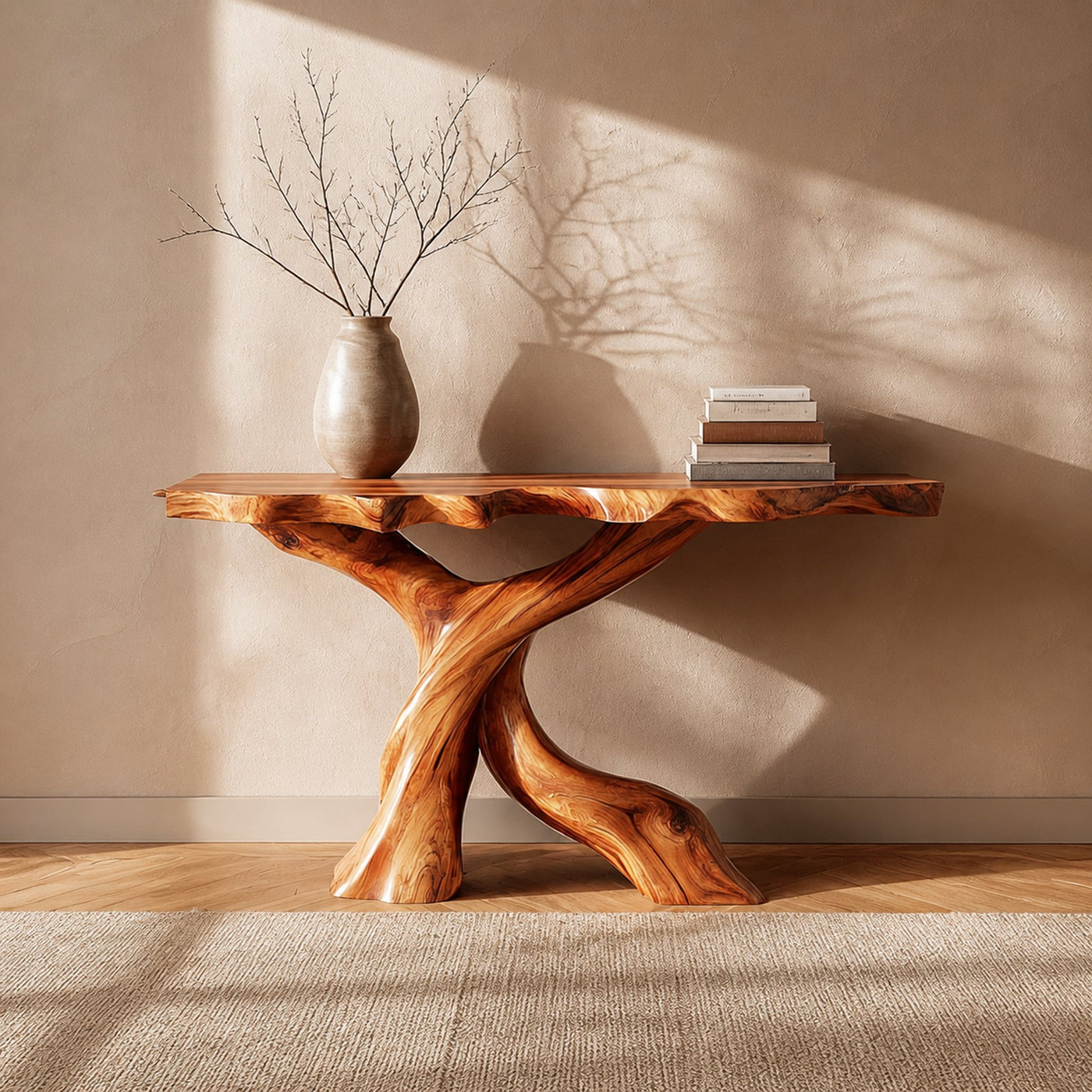 Midcentury Console Table Carved X-Base Wood Entryway