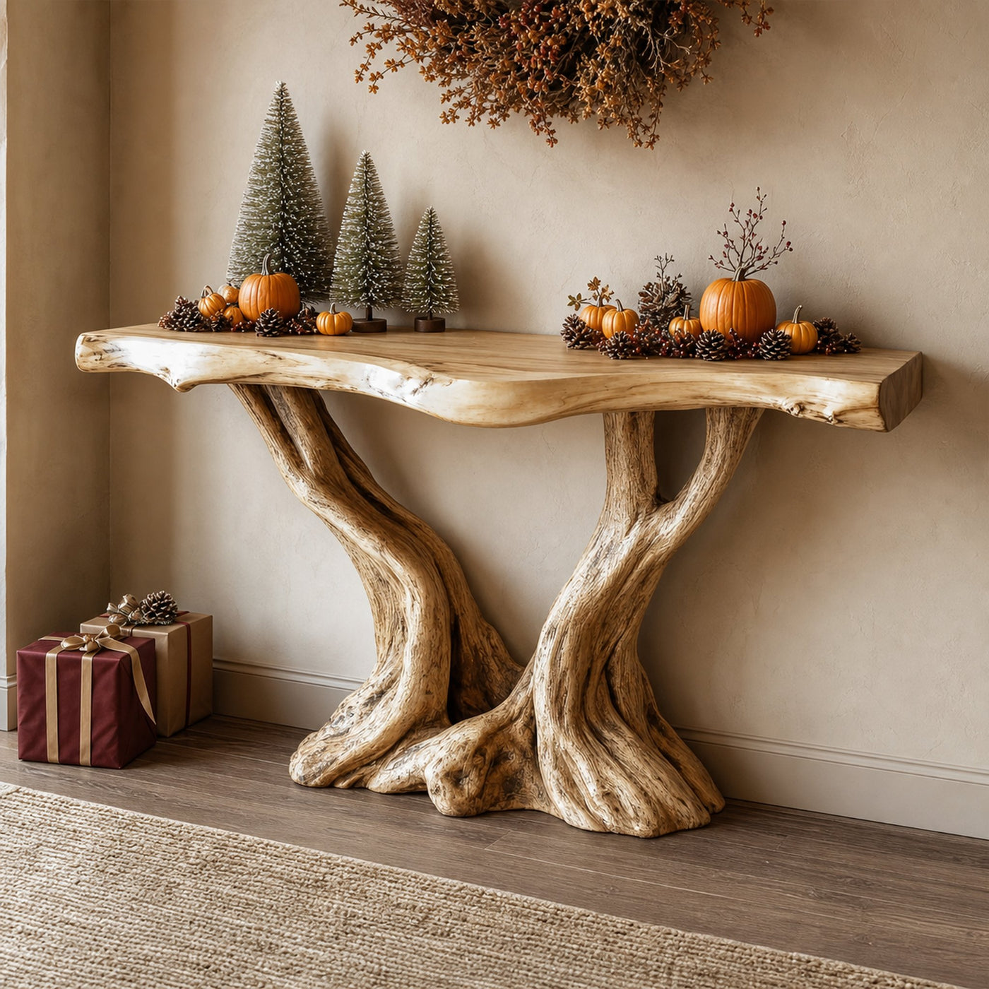 Midcentury Console Table Solid Wood Root Base Entryway
