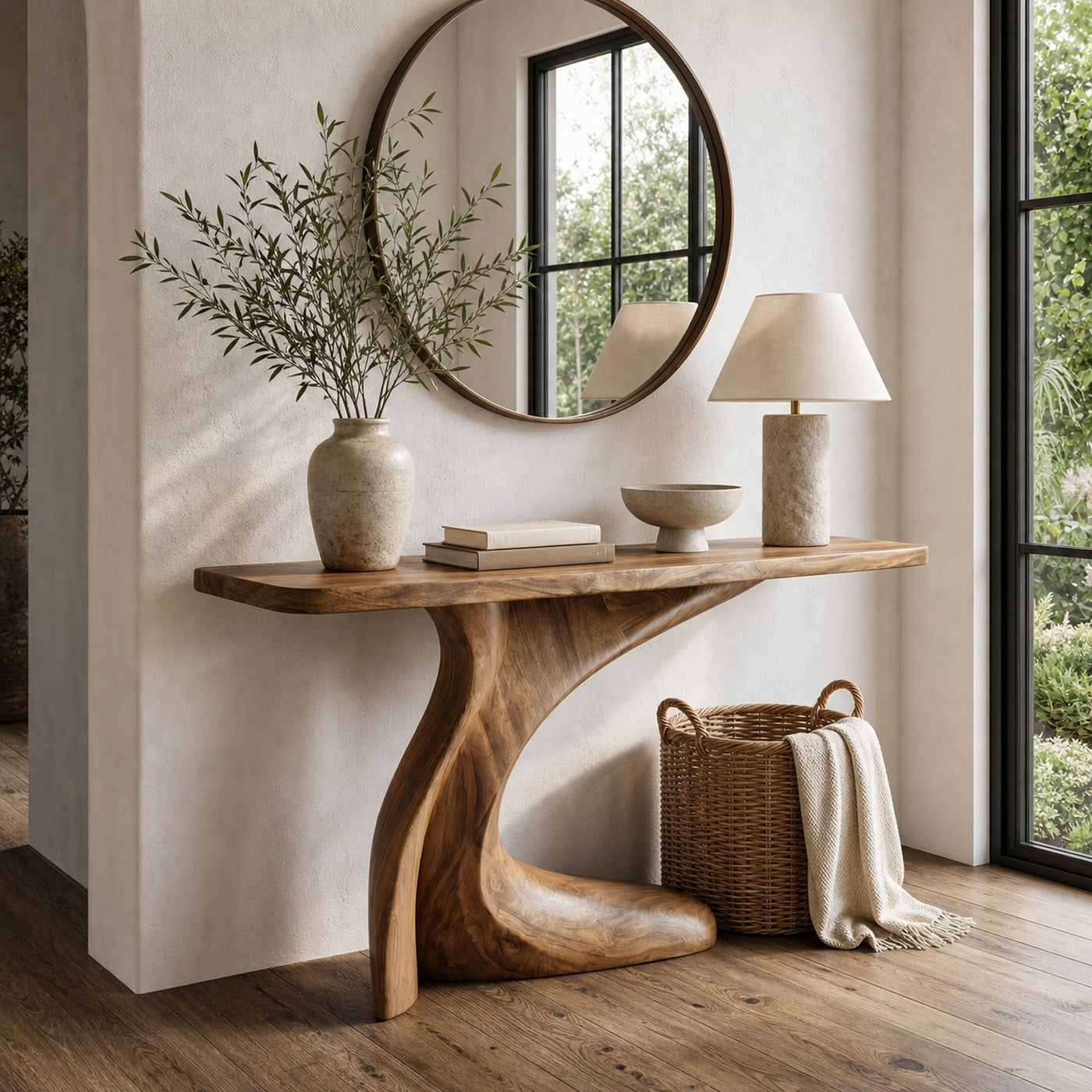Minimal Console Table With Clean Curved Wooden Base For Living Room