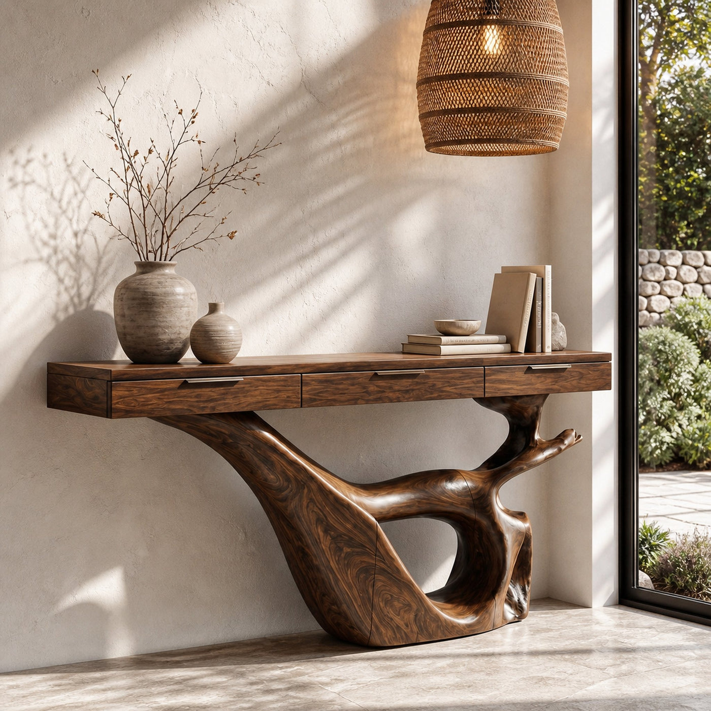 Minimal Console Table With Sculptural Curved Loop Wood Base And Solid Wood Top For Entryway And Living Room