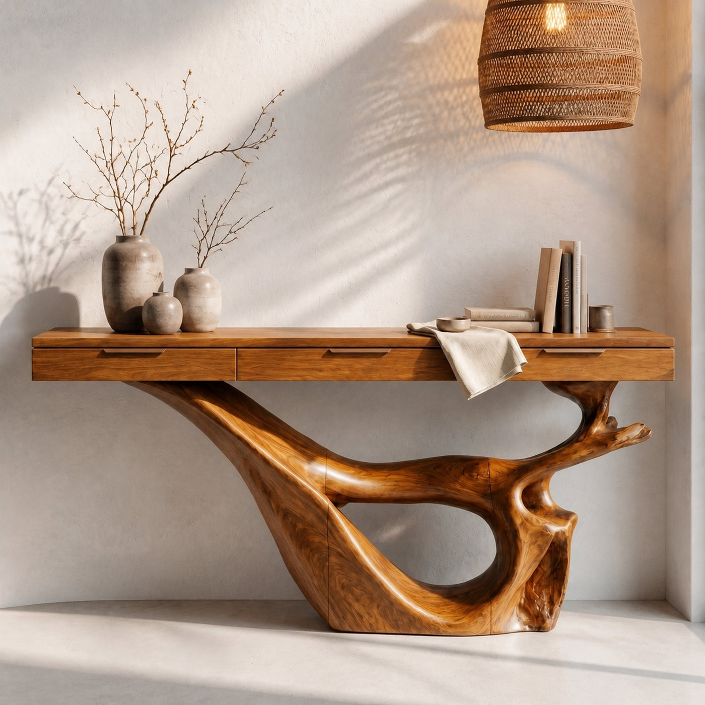 Minimal Console Table With Sculptural Curved Loop Wood Base And Solid Wood Top For Entryway And Living Room - product view 6