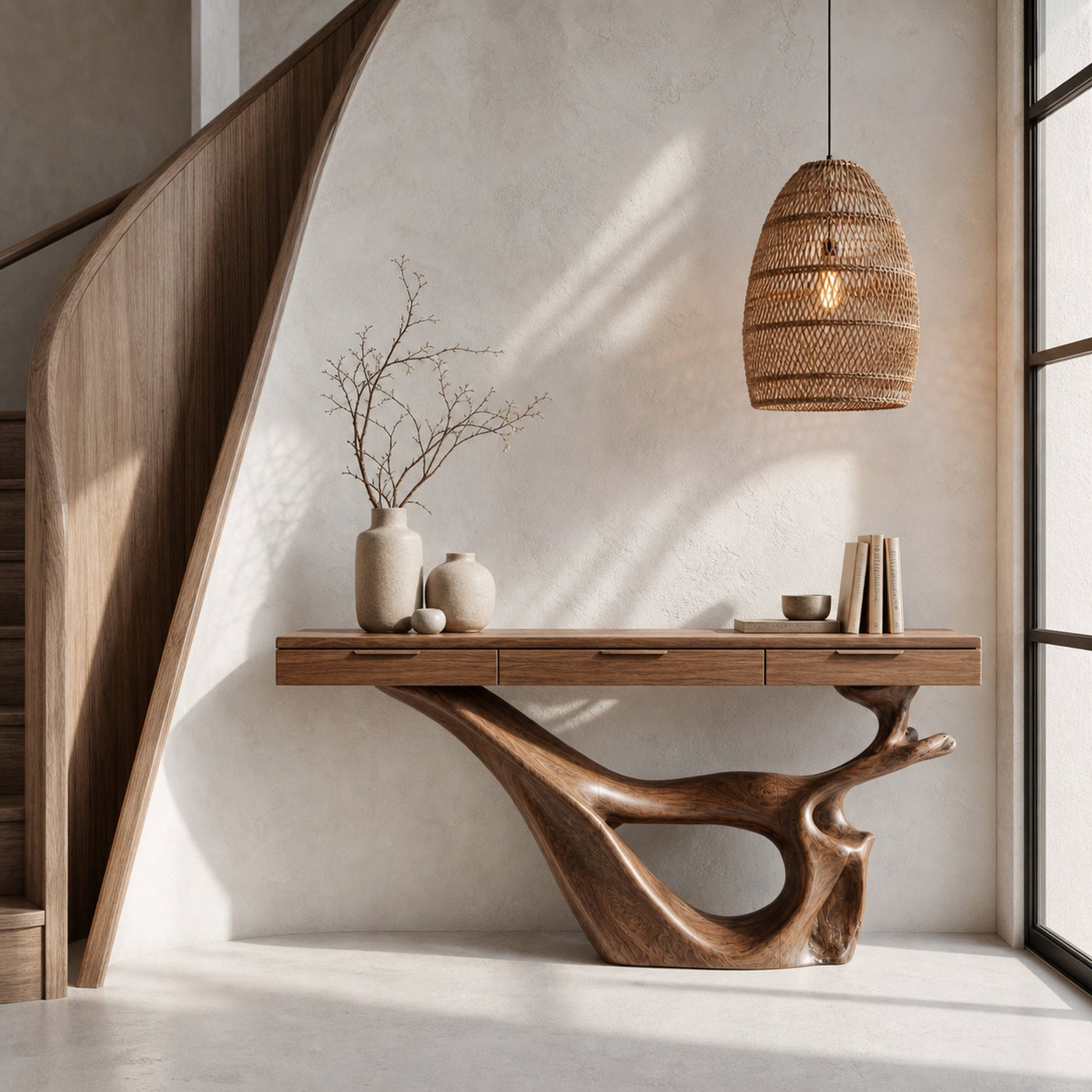 Minimal Console Table With Sculptural Curved Loop Wood Base And Solid Wood Top For Entryway And Living Room - product view 7