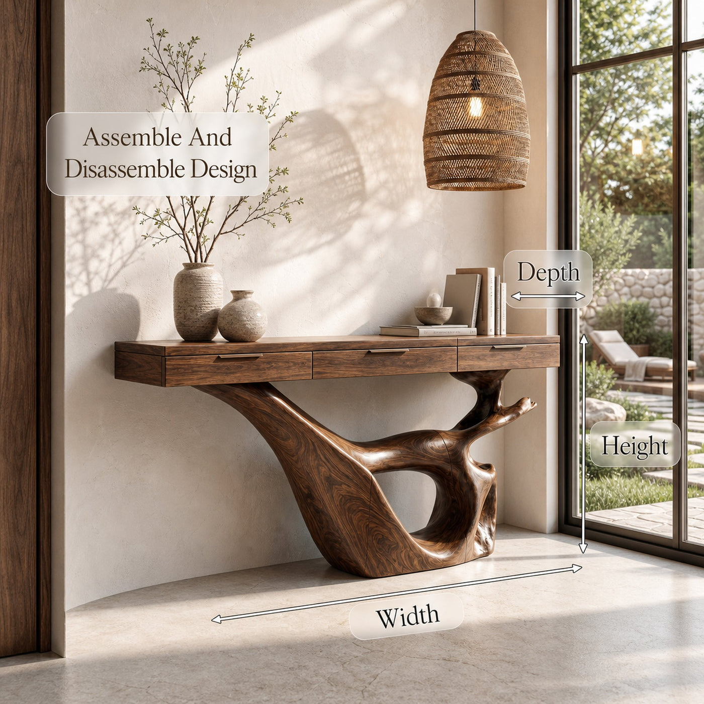 Minimal Console Table With Sculptural Curved Loop Wood Base And Solid Wood Top For Entryway And Living Room - product view 8