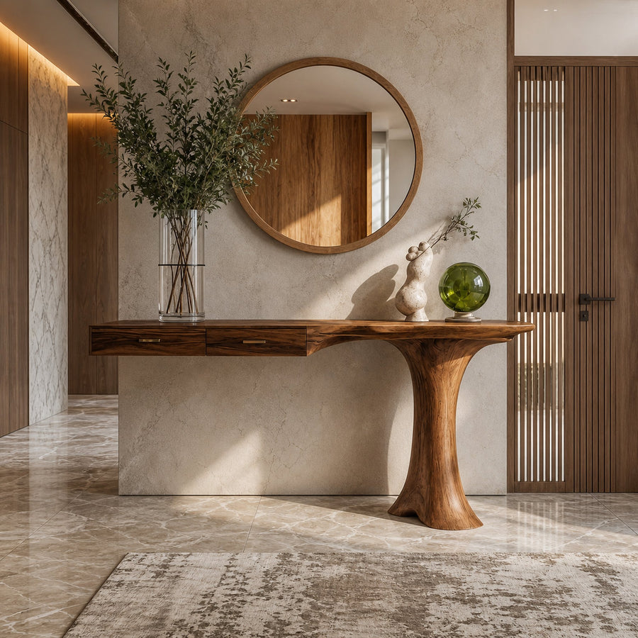 Minimal Organic Console Table Solid Wood Asymmetric Sculptural Form For Entryway And Living Room