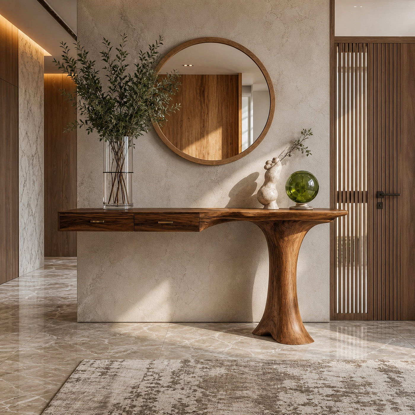 Minimal Organic Console Table Solid Wood Asymmetric Sculptural Form For Entryway And Living Room