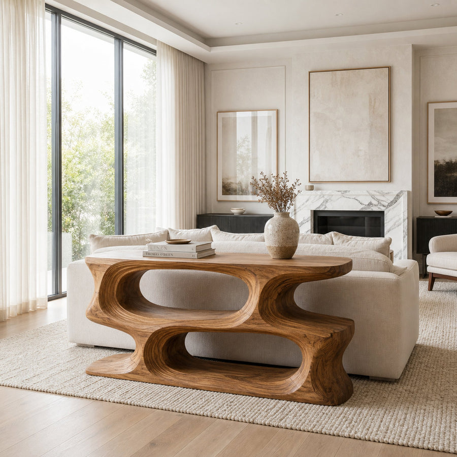 Minimal Sculptural Natural Wood Console Table For Living Room