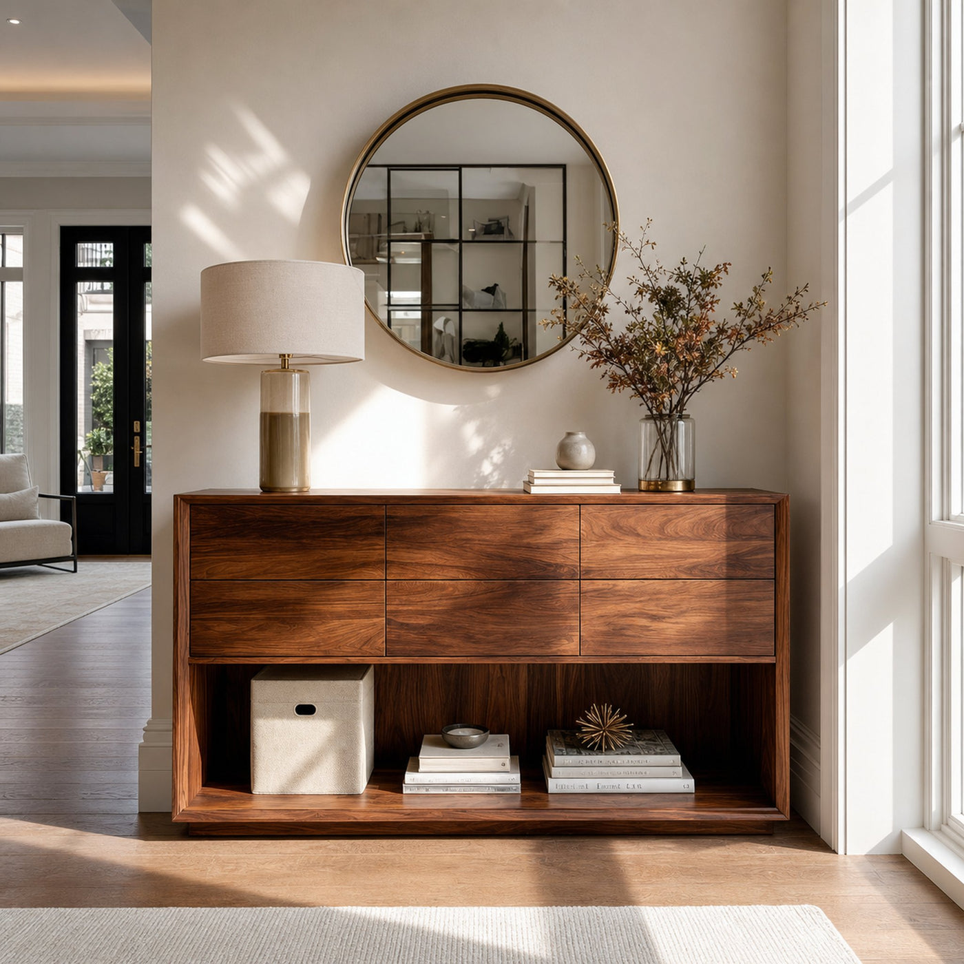 Minimal Wood Console Table With Multi Drawer For Entry Space