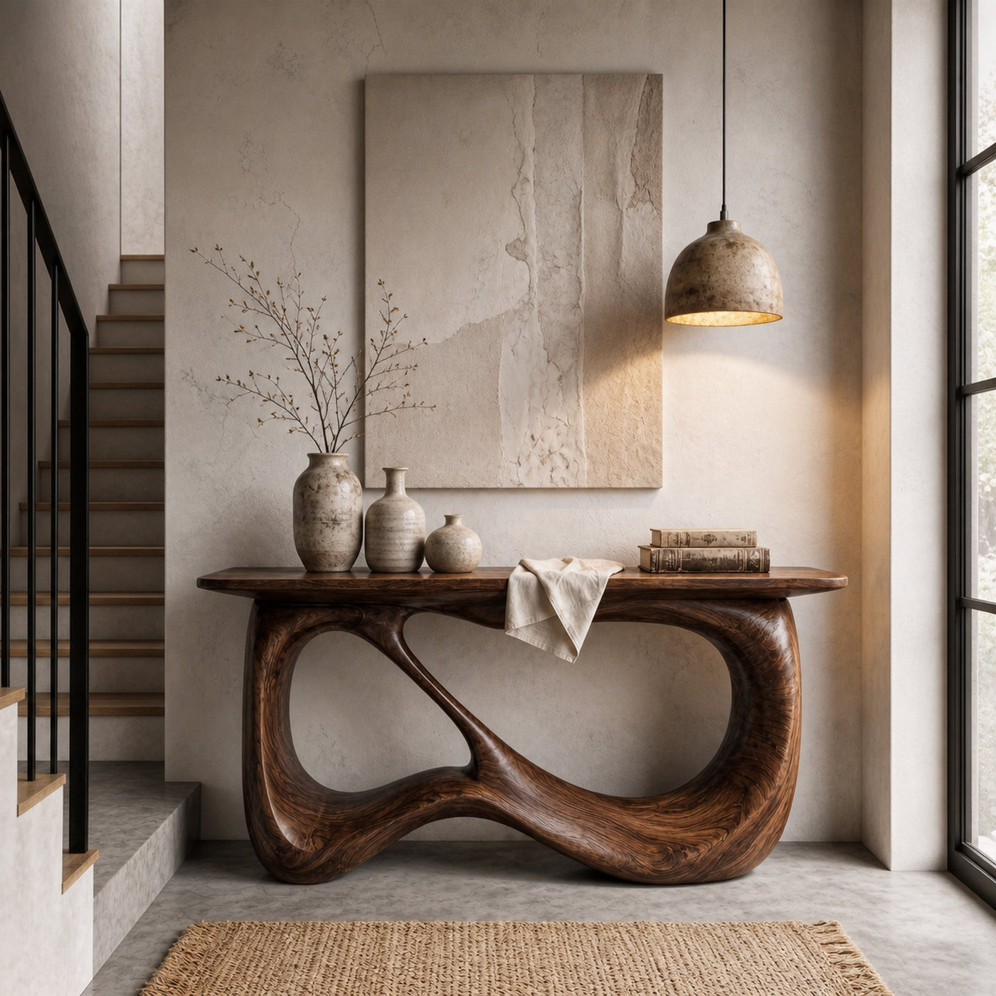 Minimalist Console Table With Flowing Loop Wood Base For Entryway