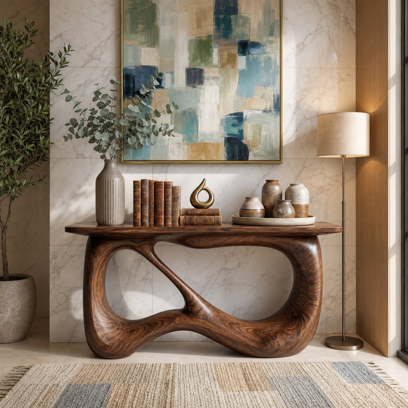 Minimalist Console Table With Flowing Loop Wood Base For Entryway - product view 7