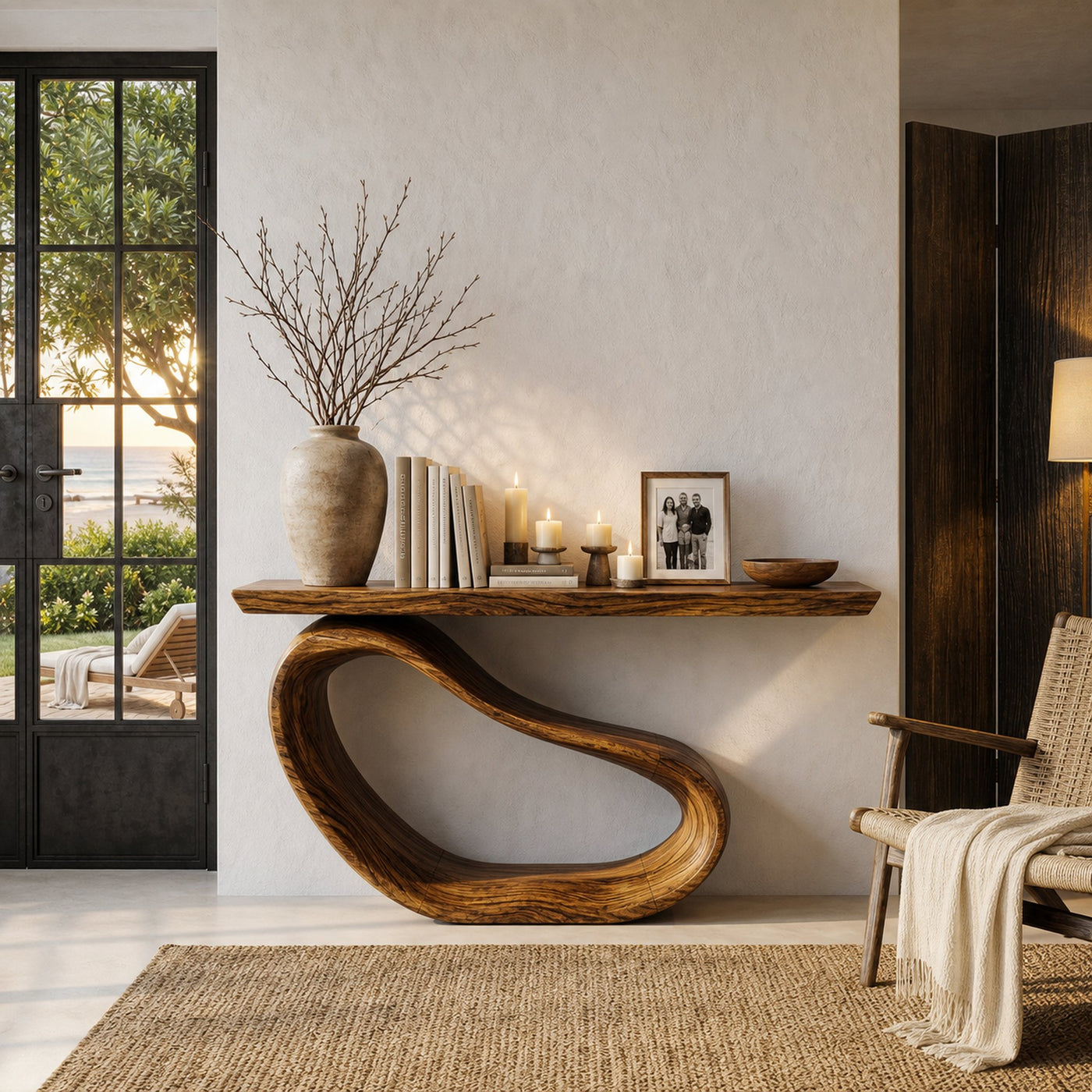 Minimalist Console Table With Sculptural Wood Base For Entryway