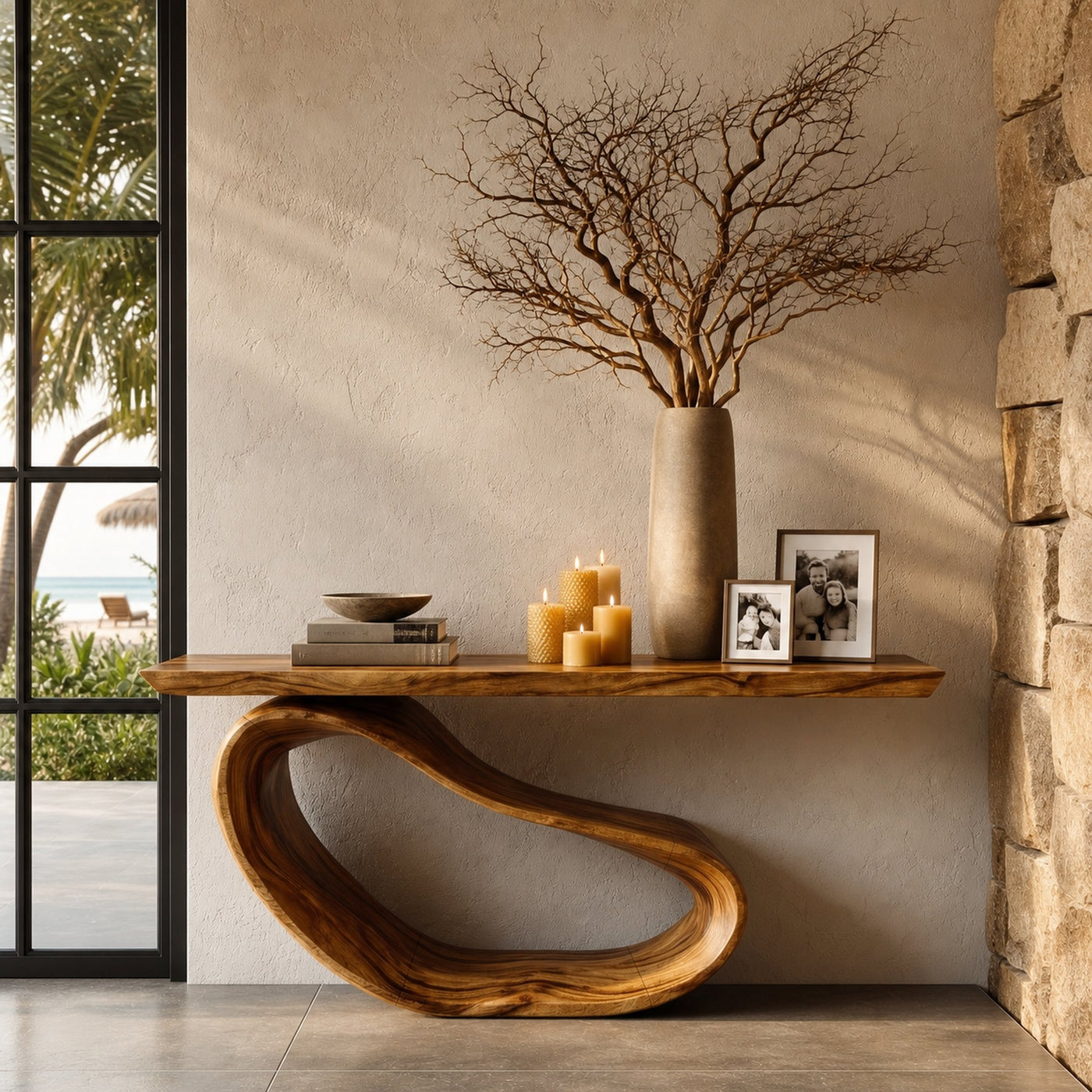 Minimalist Console Table With Sculptural Wood Base For Entryway - product view 6