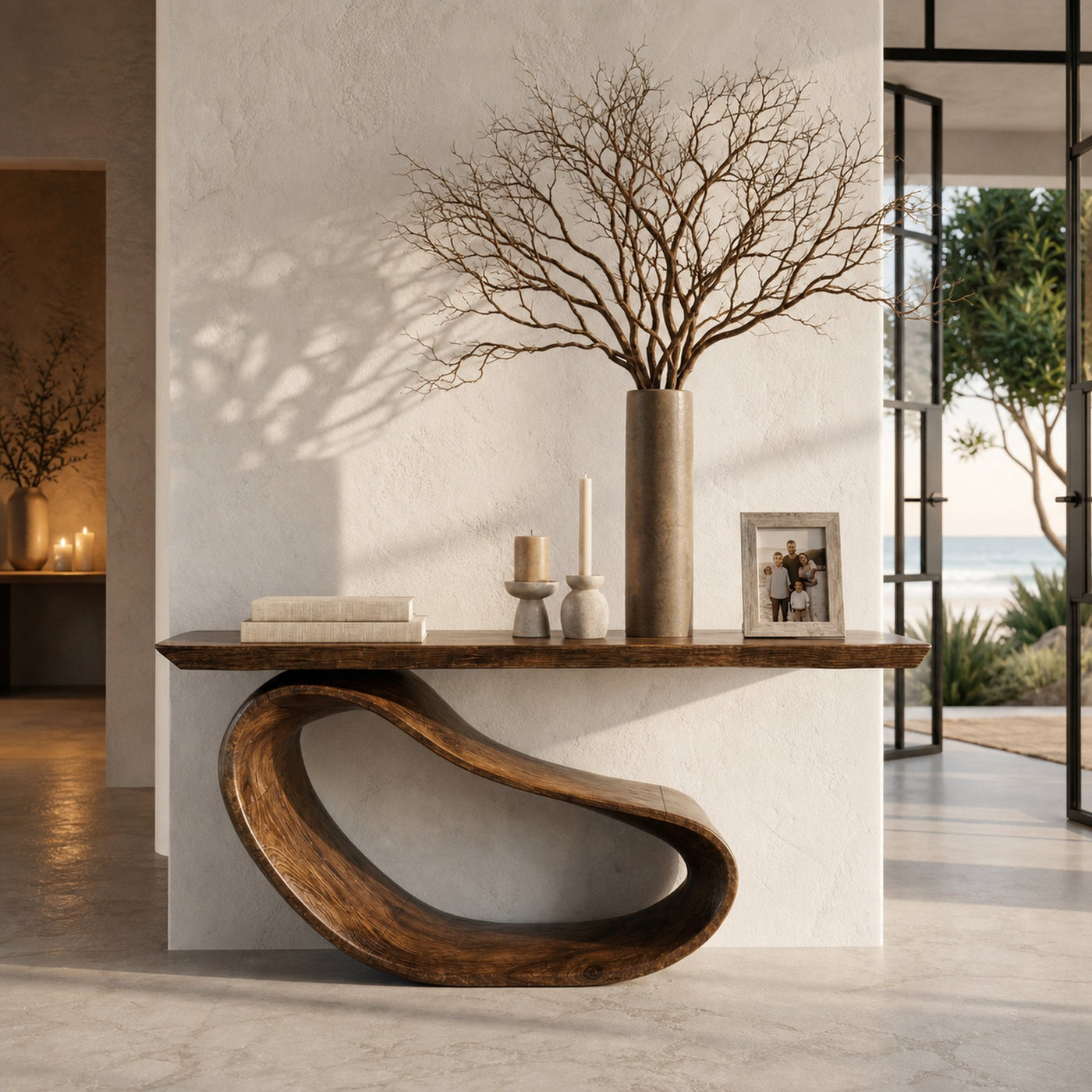 Minimalist Console Table With Sculptural Wood Base For Entryway - product view 7