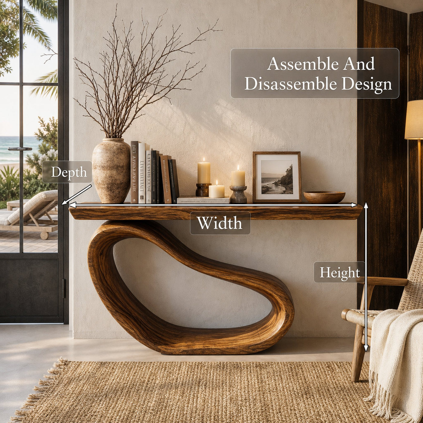 Minimalist Console Table With Sculptural Wood Base For Entryway - product view 8