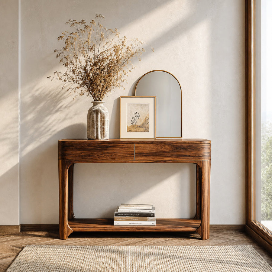 Minimalist Rounded Console Table With Two Compartments For Living Room