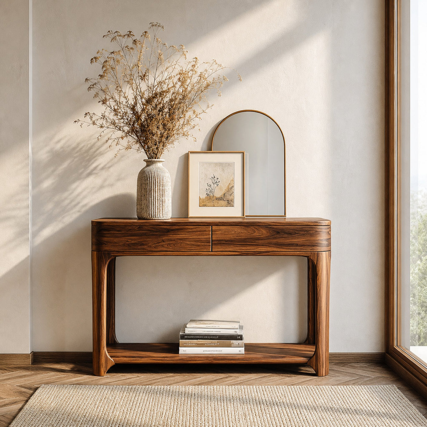 Minimalist Rounded Console Table With Two Compartments For Living Room