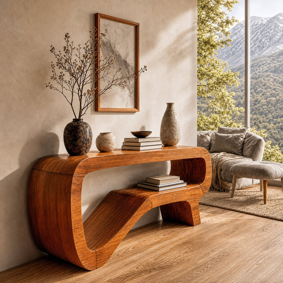 Minimalist Sculptural Console Table Solid Wood For Hallway And Entryway