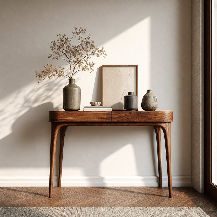 Minimalist Sculptural Wood Console Table For Modern Entryway
