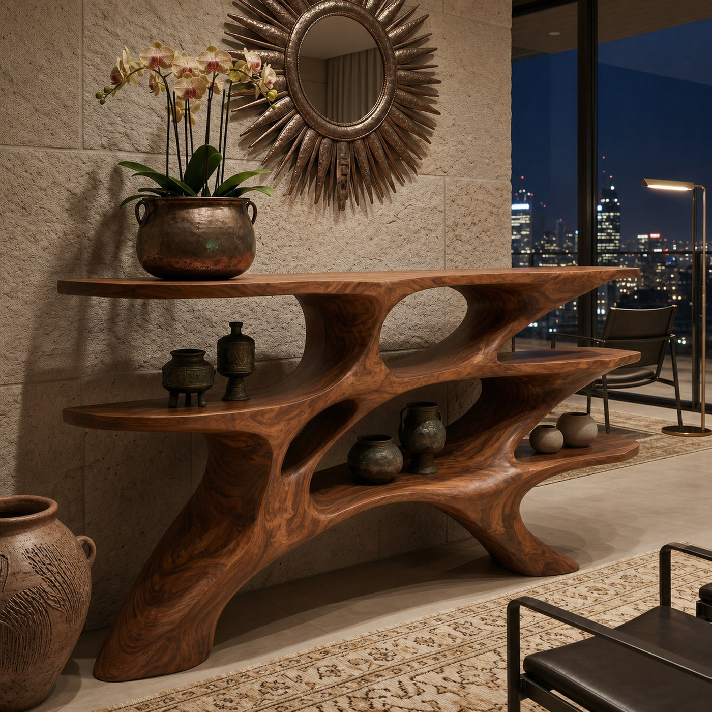 Minimalist Sculptural Wooden Console Table For Living Room