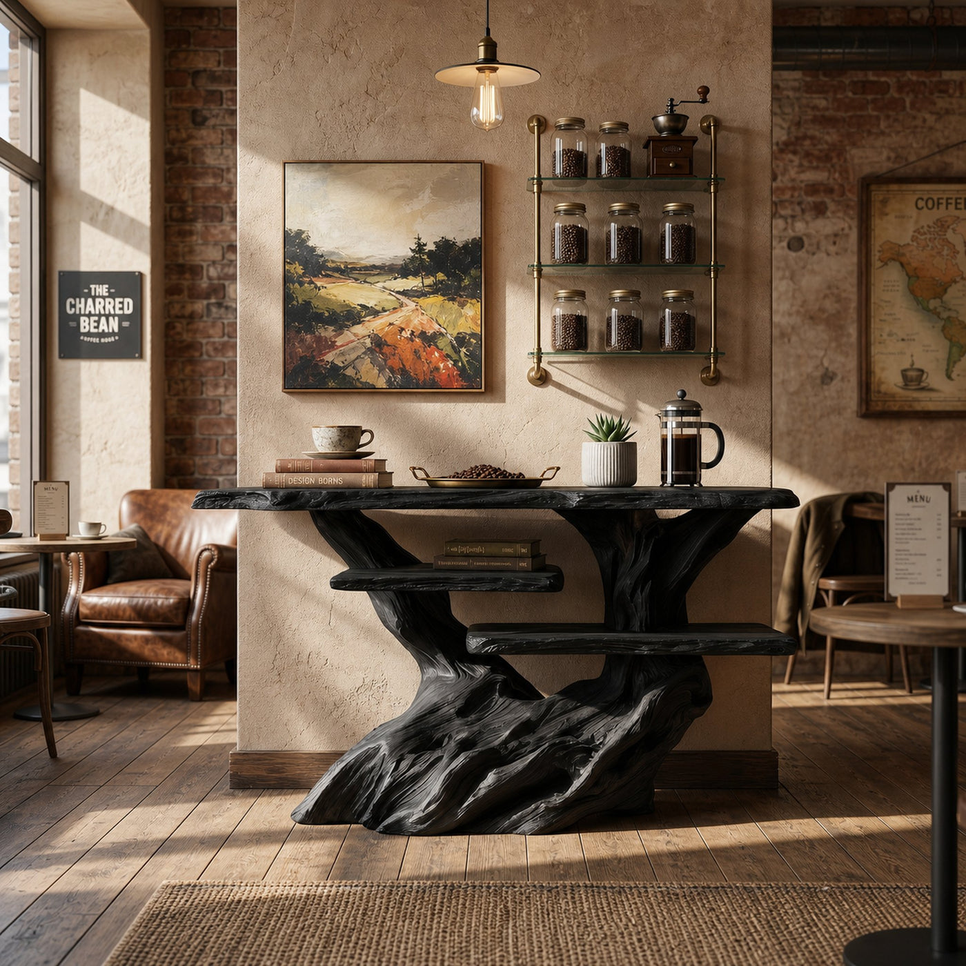 Modern Charred Wood Display Shelf For Hallway Furniture