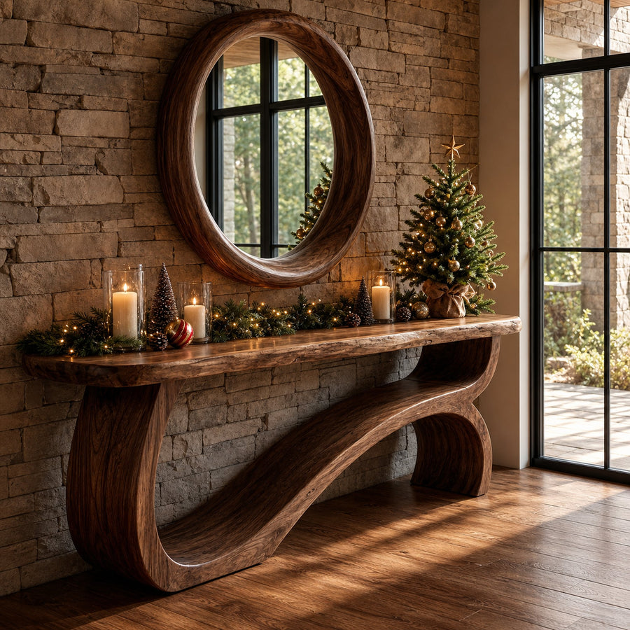 Modern Console Table Table With Sculptural Open Wood Base For Living Room