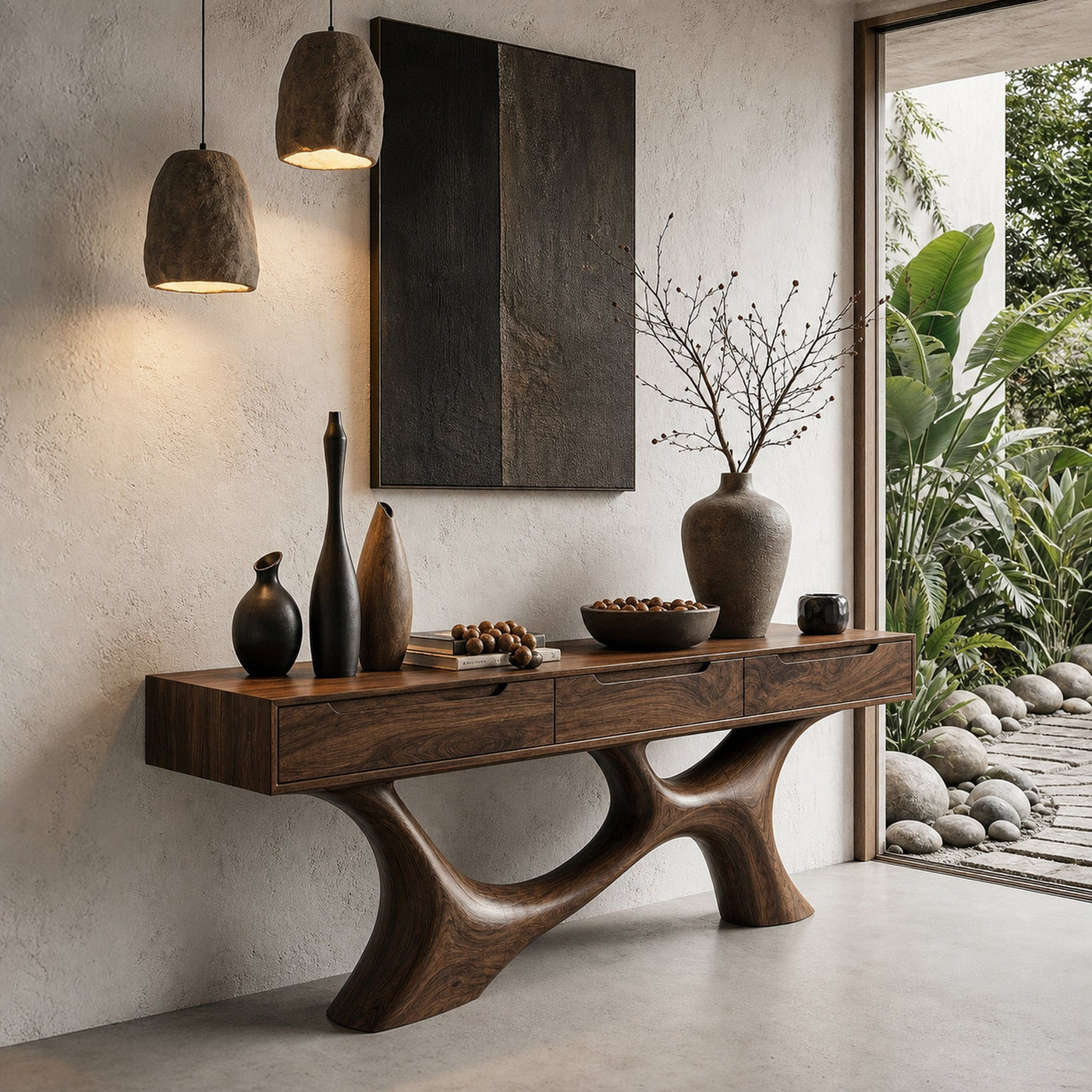 Modern Console Table With Built In Storage Cabinet And Sculptural Curved Wood Base For Entryway And Living Room